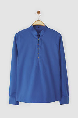 Koyu Mavi Slim Fit Yar_m Patl_ D__meli Hakim Yaka %100 Pamuklu Keten G_r_n_ml_ G_mlek TMNSS20GO0097