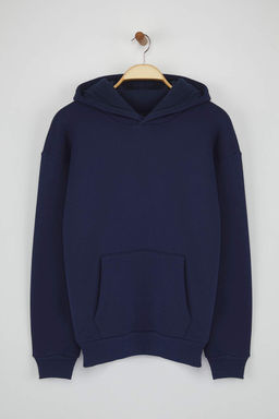 Lacivert Oversize/Genis Kesim S?rt? Nak?s Detayl? Kapusonlu Sweatshirt TMNAW25SW00142