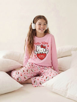 Bisiklet Yaka Hello Kitty Bask?l? K?z ?ocuk Pijama Tak?m?
