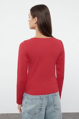 K?rm?z? Dugme Detayl? Bisiklet Yaka Fitilli Esnek Regular Boy Orme Bluz TWOAW25BZ00030