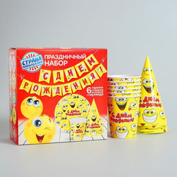 Набор бумажной посуды С днём рождения, смайлики: 6 тарелок, 6 стаканов, 6 колпаков, 1 гирлянда - Страна карнавалия фото 3