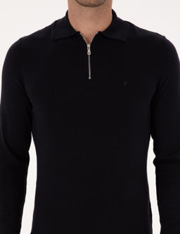 Lacivert Regular Fit Pamuk Kar___ml_ Fermuarl_ Polo Yaka Basic Triko Kazak