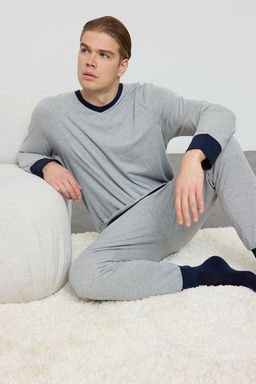 TRENDYOL MAN Erkek Gri Regular Fit Kontrast Ribanal? Orme Pijama Tak?m? TMNAW25PT00010 - Trendyolmilla фото 2