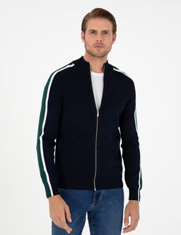Lacivert Slim Fit Y_n Kar___ml_ Fermuarl_ Triko H_rka