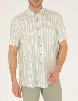A__k Ye_il Keten Kar___ml_ Comfort Fit K_sa Kollu G_mlek
