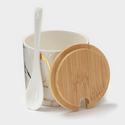 Банки с ложками на деревянной подставке Эстет. Gold, набор 3 шт.: 300 мл, керамика, белые - Simaland фото 10