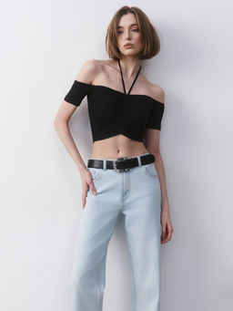 CONTE Укороченный топ в рубчик с отрытыми плечами и сборкой LD 2632 black - Conte elegant фото 2