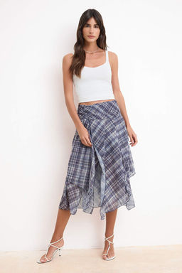 Mavi Sifon Ekoseli/Kareli Midi Asimetrik Astarl? Etek TWOSS26ET00104 - Trendyolmilla фото 2