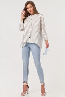 Блузка свободная на пуговицах в полоску на белом - Fly фото 3