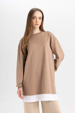 Женский свитшот с круглым вырезом стандартного кроя, базовый однотонный свитшот из ткани, туника с деталью по нижнему краю - Defacto фото 3