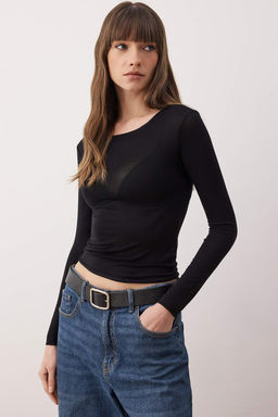 Siyah Transparan Esnek Vucuda Oturan Orme Bluz TWOAW26BZ00306