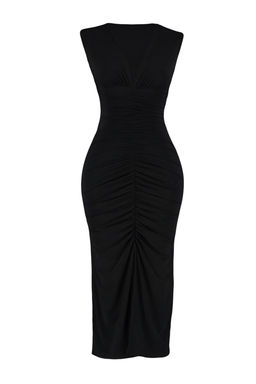 TRENDYOLMILLA Siyah Fitted/Vucuda Oturan Buzgu Detayl? Midi Esnek Orme Kalem Elbise TWOSS23EL00751  фото 11