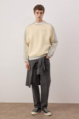 Gri-Ekru Un?sex Yeni Oversize/Genis Kesim Yaz? Nak?sl? Kal?n Ici Polarl? Sweatshirt TMNAW26SW00023