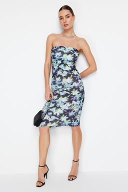 Limited Edition Mavi Cicek Bask?l? Mini Straplez Yaka Esnek Orme Kalem Elbise TWOSS24EL00567 - Trendyolmilla фото 7