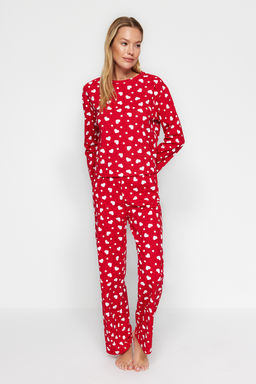 Trendyolmilla K?rm?z? %100 Pamuklu Kalpli Tshirt-Pantolon Orme Pijama Tak?m? THMAW24PT00124