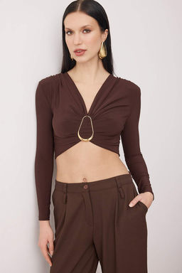 Kahverengi Toka Detayl? V Yaka Uzun Orme Sandy Party Bluz TPRAW26BZ00063