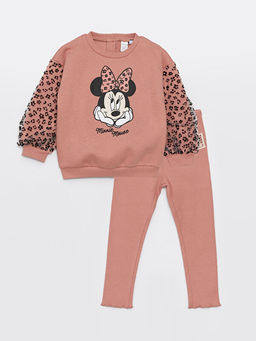 Bisiklet Yaka Uzun Kollu Minnie Mouse Bask?l? K?z Bebek Sweatshirt ve Tayt 2li Tak?m