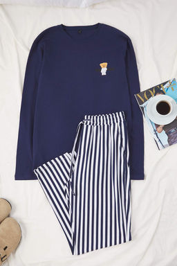 Lacivert Regular Cizgili Couple/Cift Orme Pijama Tak?m? TMNAW25PT00049