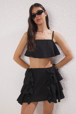 Siyah Dokuma F?rf?rl? %100 Pamuk Plaj Bluz-Etek Tak?m TBESS25AU00106