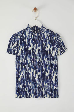 Lacivert Burumcuk/Dokulu Dik Yaka Bask?l? Orme Bluz TWOSS25BZ00396