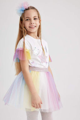 Белая футболка с короткими рукавами из тюля с принтом для девочек - Defacto фото 3