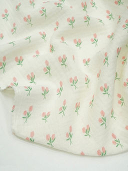Муслин двухслойный с эф.жатости Тюльпанчики цв.сливочный пломбир, ш.1.4м, хл-100%, 115гр/м.кв - Купава фото 3