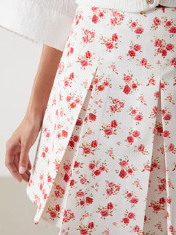 Beli Fermuarl? ?i?ekli Pileli Mini Etek