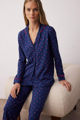 Trendyolmilla Lacivert %100 Pamuklu Kalpli Biyeli Orme Pijama Tak?m? THMAW24PT00103  фото 2