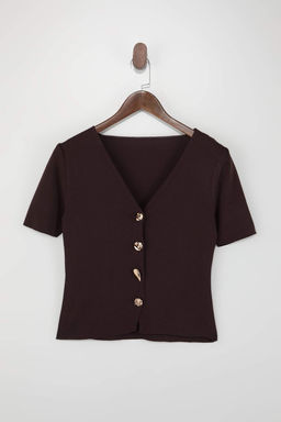 Kahverengi Dugme Detayl? V Yaka Triko Bluz TWOSS26BZ00129