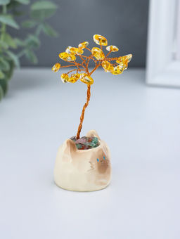 Денежное дерево декоративное «Сувенир бонсай. Котик-кружка», 12 жёлтых камней, 3.5×4.7×7.5 см