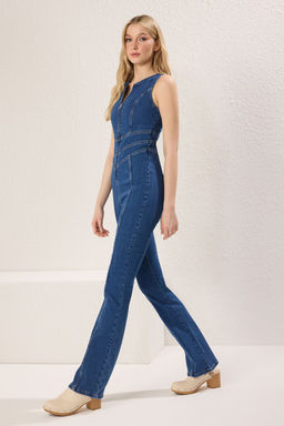 Trendyolmilla Koyu Mavi Dikis Detayl? Fermuarl? Denim Tulum TWOSS25TU00032
