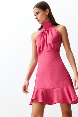 Pembe Halter Yaka A Kesim Mini Dokuma Elbise TWOSS21EL1538