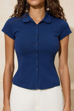 Lacivert Fitted/Vucuda Oturan Bebe Yaka Dugmeli Pamuklu Esnek Orme Bluz TWOSS26BZ00188