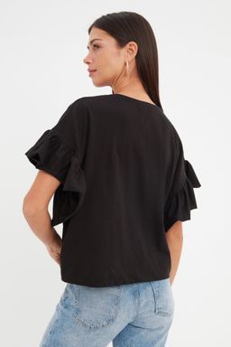 Siyah %100 Pamuk F?rf?r Detayl? Basic Bisiklet Yaka Orme T-Shirt TWOSS22TS2429