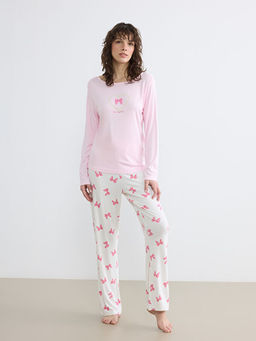 Bisiklet Yaka Boncuk Bask?l? Kad?n Pijama Tak?m?