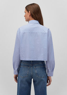 Cizgili Mavi Crop Poplin Gomlek