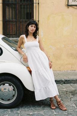 Beyaz Duz A Kesim Gipeli Kare Yaka Astarl? Maxi Dokuma Elbise TWOSS24EL01052