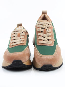 04-PDJ96-2 BEIGE/GREEN Кроссовки демисезонные женские (натуральная замша, натуральная кожа, текстиль)