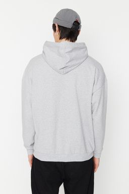 Gri Melanj Oversize/Genis Kesim Kapusonlu Ici Polar/S?cak Tutan Sweatshirt TMNAW23SW00195