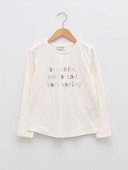 Bisiklet Yaka Bask?l? Uzun Kollu Pamuklu K?z ?ocuk Ti??rt