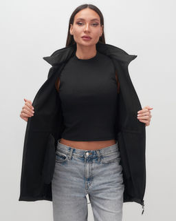 Парка спортивная женская с капюшоном softshell черного цвета 9568Ch