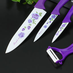 Набор кухонных принадлежностей,4 предмета: 3 ножа с антиналипающим покрытием, лезвие 8,5 см, 12 см, 20 см, овощечистка, цвет фиолетовый - Доляна фото 4