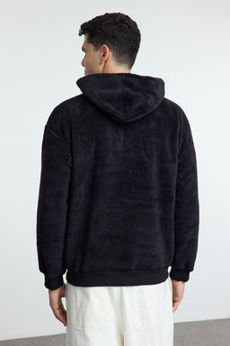Siyah Oversize/Genis Kesim Basic S?cak Tutan Kapusonlu Pelus Sweatshirt TMNAW25SW00106