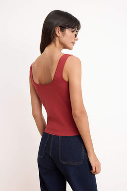 Kiremit Fitted/Vucuda Oturan Kare Yaka Kal?n Ask?l? Kolsuz Pamuklu Esnek Orme Atlet TWOSS26AL00030