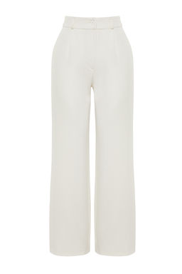Ekru Yuksek Bel Wide Leg/Genis Paca Pilili Dokuma Kumas Pantolon TWOAW21PL0076