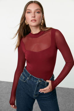 Bordo Fitted/Vucuda Oturan Tul Detayl? Uzun Kollu Dik Yaka Esnek C?tc?tl? Orme Body TWOAW24BD00049