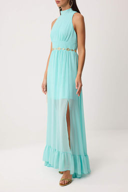 Su Yesil Dokuma Sifon Astarl? Kemer Detayl? Maxi Abiye & Mezuniyet Elbisesi TPRSS26AE00044 - Trendyolmilla фото 3