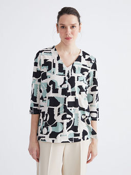 V Yaka Desenli Bluz