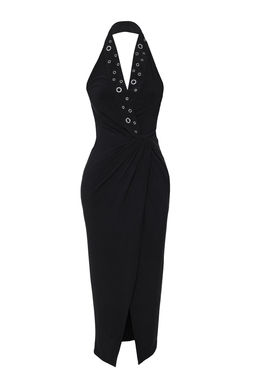 TRENDYOLMILLA Siyah Kruvaze Yaka Aksesuar Detayl? Orme Midi Elbise TPRSS25EL00052