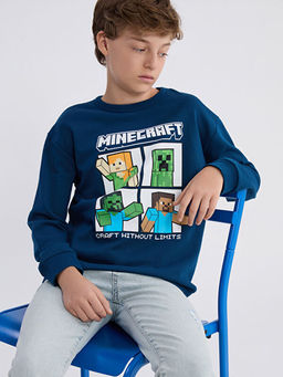 Bisiklet Yaka Minecraft Bask?l? Erkek ?ocuk Sweatshirt